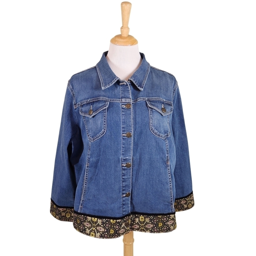 Susan Graver Blue Denim Jacket with Patterned Hem, High Stretch, Sz 1X